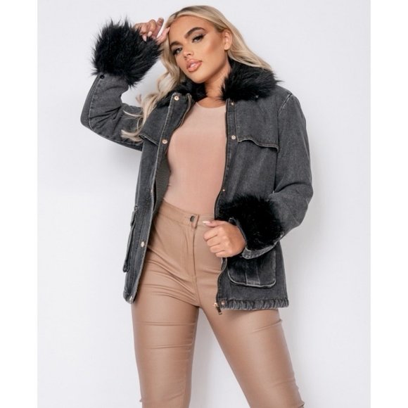 Shearling Lined Long Sleeve Denim Jeans Jacket with Detachable Fur Collar & Cuff - Picture 6 of 13